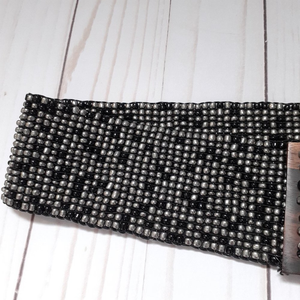Beaded Wood Stretch Wide Belt Boho Bohemian Artisan Brown Black Gray - Picture 3 of 8